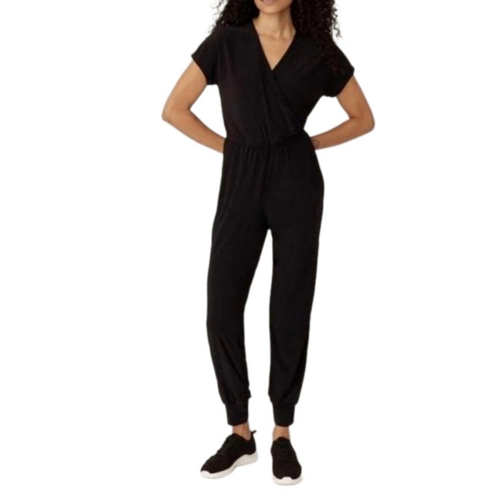 New Marallis Black Short Sleeved V-neck Stretch Jumpsuit Size XL bin 4E